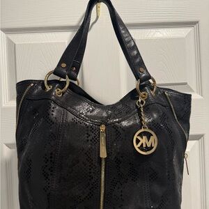 Michael Kors Black Snake-Embossed Shoulder Bag with Gold Hardware
